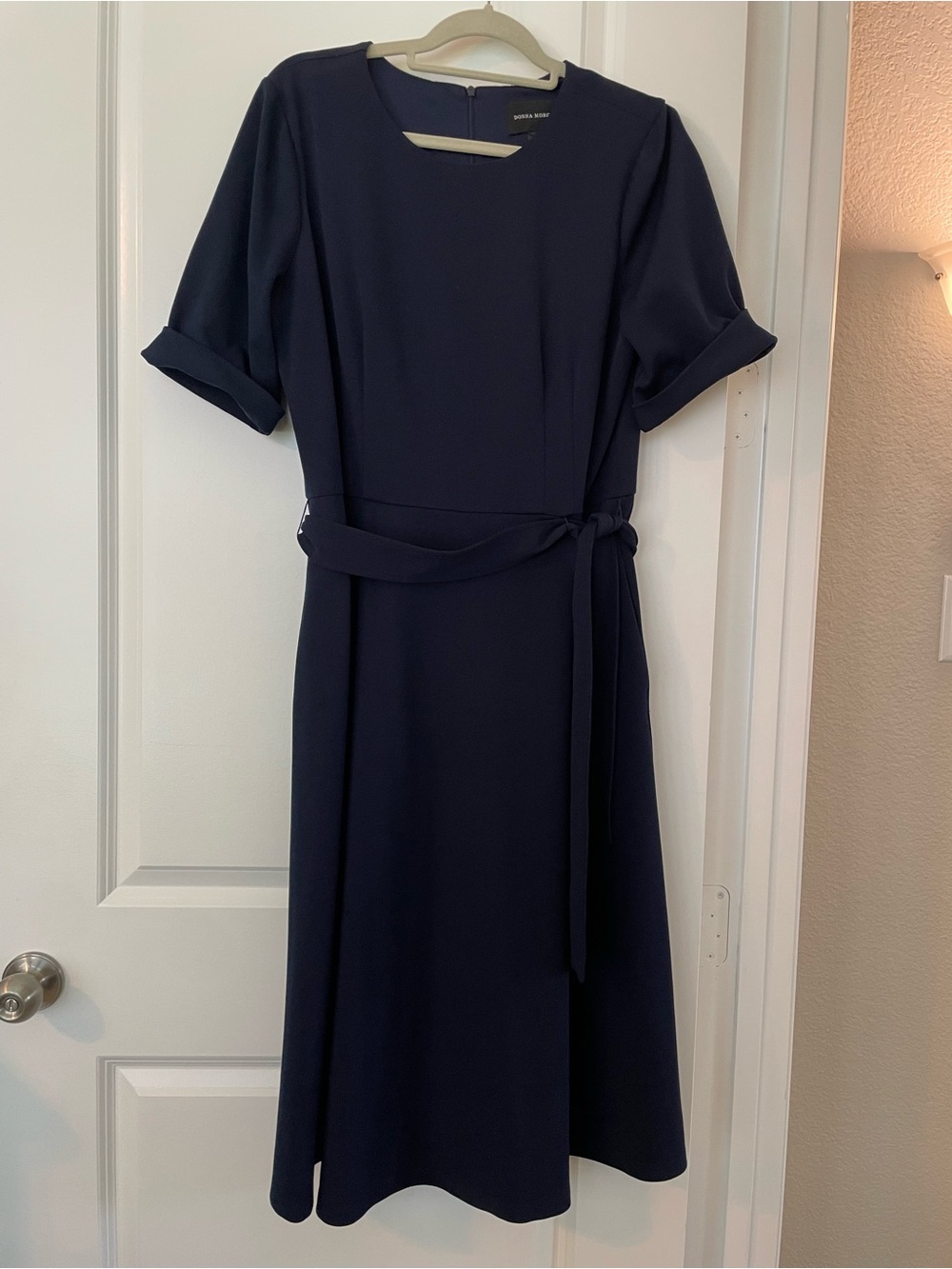 Donna Morgan Navy Blue Midi Dress with Self-Tie Belt